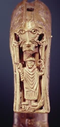 Clonmacnoise-Krummstab, County Offaly, Wikingerzeit Holz umwickelt mit Bronzeblech mit eingelegtem Silber (Detail)
